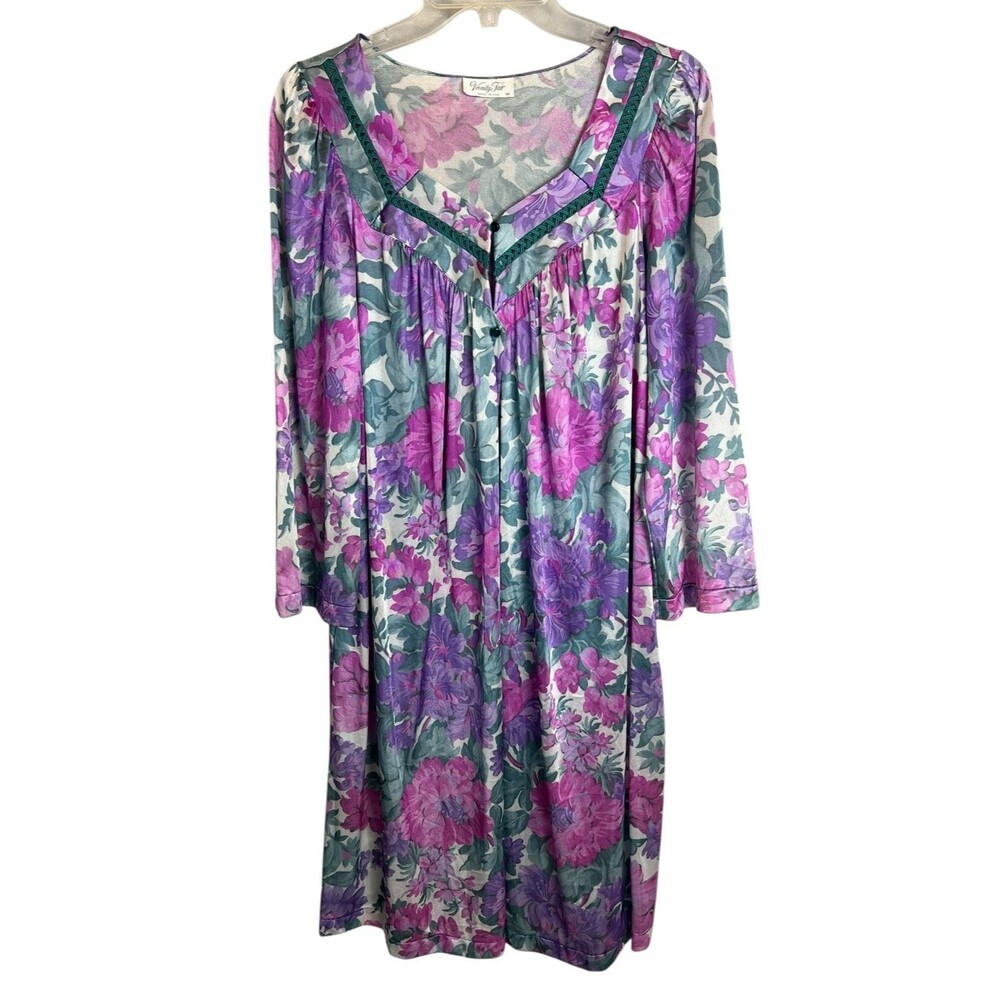 Vintage Vanity Fair Purple Floral Button Robe House Coat Dressing Robe Size M